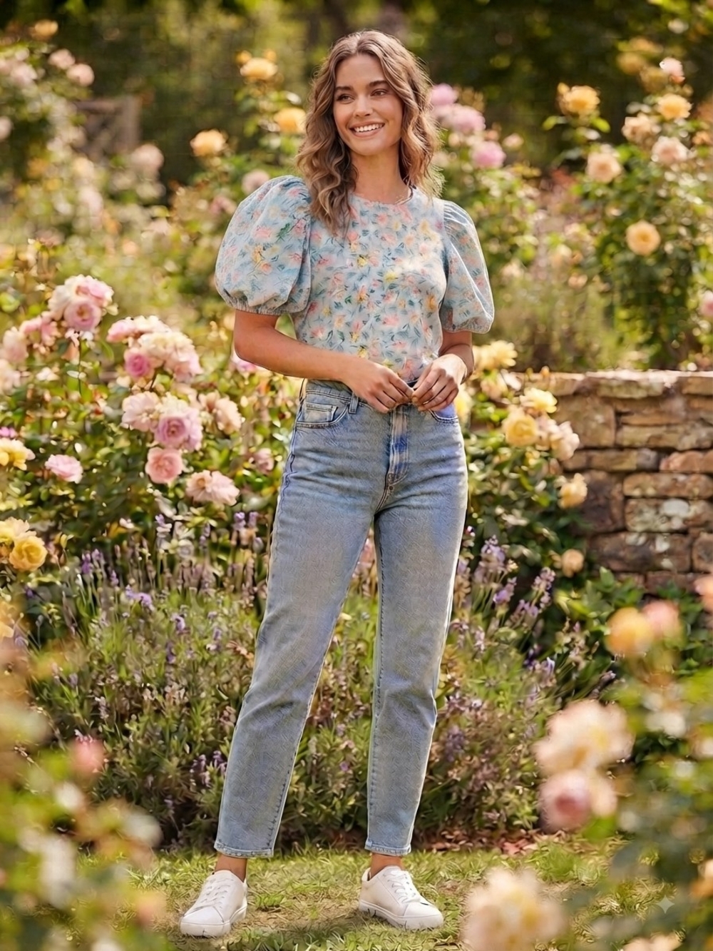 Easel Blue Floral Puff Sleeve Top